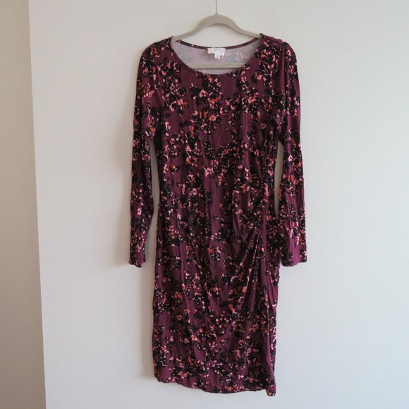SERAPHINE Bodycon Burg Floral Print Dress Padme Berry Midi Maternity - Size US 6 - Picture 2 of 13